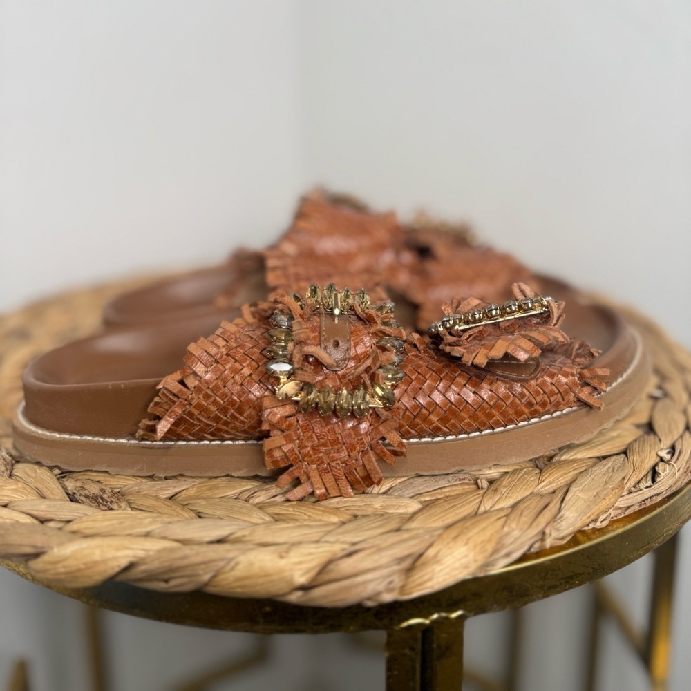 NEW Coral Blue Sandal Anthro Raffia Jeweled Leather Sandals Brown Woven Slide - Picture 3 of 7
